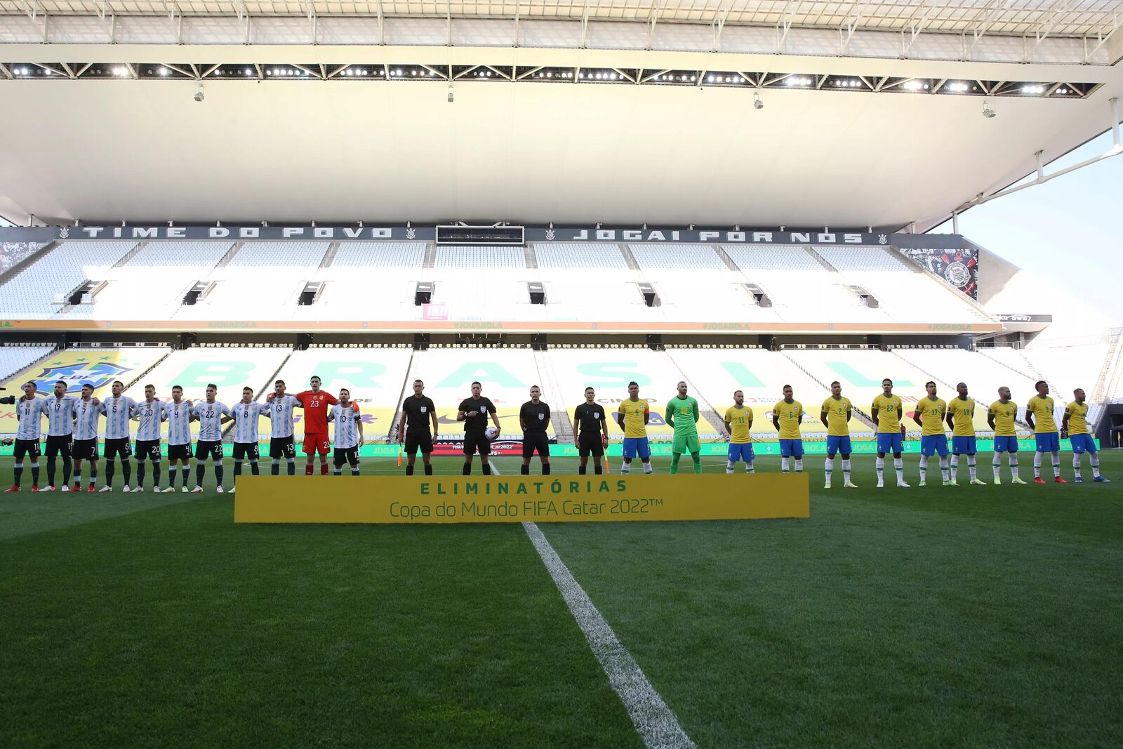 Argentina and Brazil players line up before their abandoned qualifier